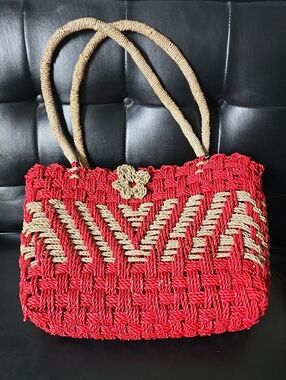 Macrame Market Tote Bag Red Tan Chevron Woven Boho Beach Coastal Shoulder Purse